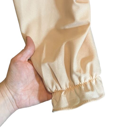 Vintage Champagne Ruffle Neck Blouse Long Sleeve Satin Look Romantic Top - Picture 4 of 7